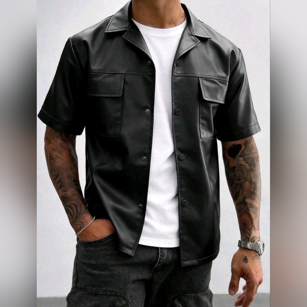 Men's Black Faux Leather Button Down Shirt